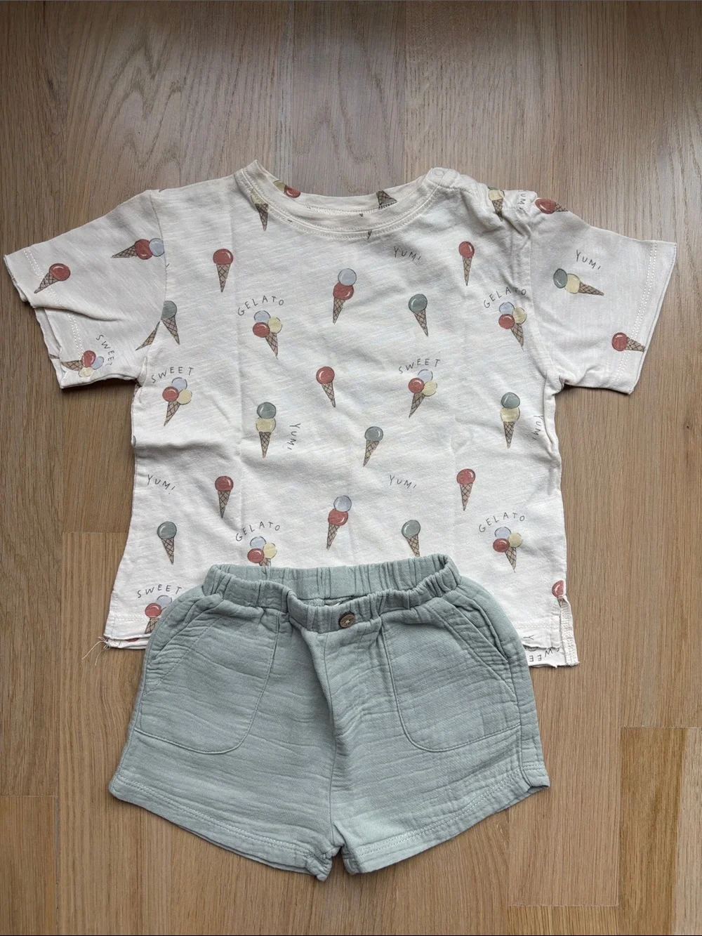 Rylee + Cru Cream Ice Cream Print Tee with Sage Shorts